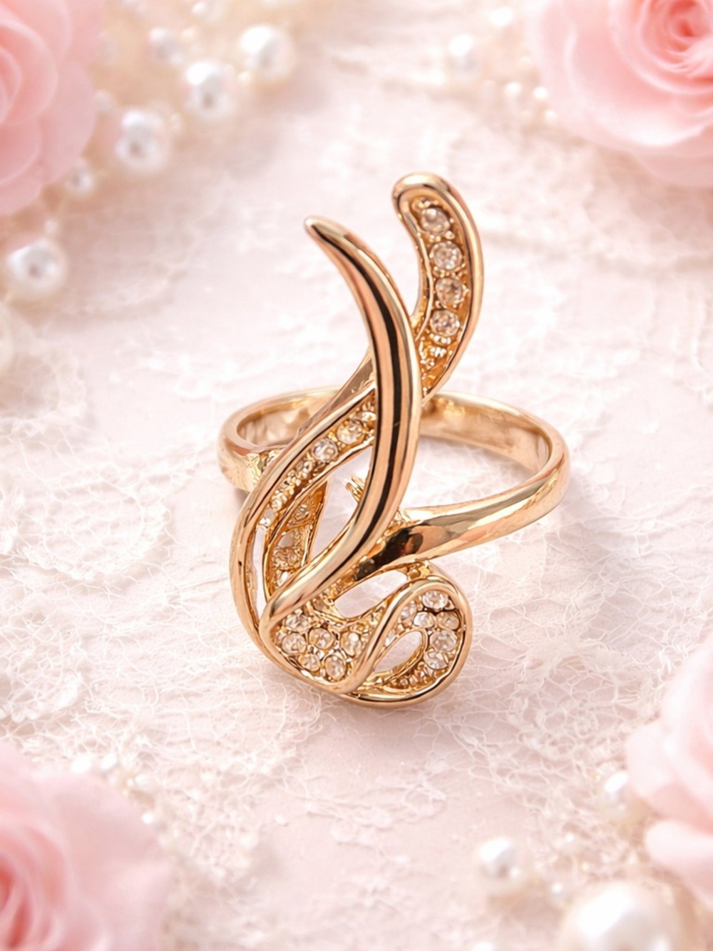 Unique Infinity Ring Geometric Champagne Gold Color White Zircon Size 8 - Picture 6 of 11